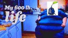 a very fat man is sitting in a chair in a kitchen with a picture of a plant on his head .