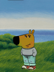 a cartoon character is standing in a grassy field