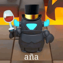 a toy robot wearing a top hat and holding a glass of wine .