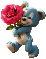 a blue teddy bear is holding a pink rose and the words syos are on the bottom of the image