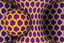 a purple and gold optical illusion with a red ball in the middle of it .