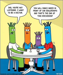 a cartoon shows a group of people sitting around a table and talking to each other