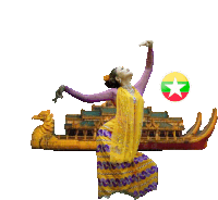 a woman in a yellow and purple dress is dancing in front of a boat and a myanmar flag