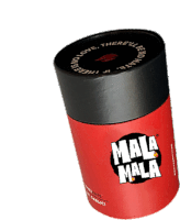 a red and black cylindrical container that says mala mala on it