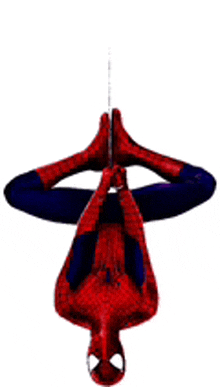 a spider man is hanging upside down from a rope