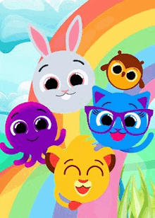 a group of cartoon characters standing next to each other in front of a rainbow .