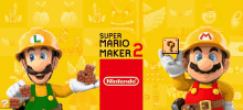 a poster for super mario maker 2 shows mario holding bricks