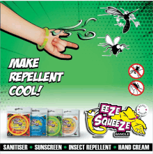 an advertisement for eeze squeeze bracelets and hand cream