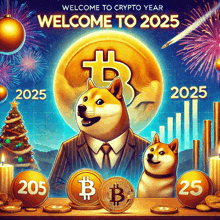 a poster that says welcome to crypto year with a doge