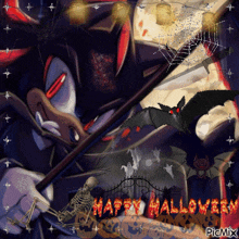 a picture of shadow the hedgehog with a bat and the words happy halloween on the bottom