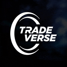 the trade verse logo is a white circle with the words trade verse written inside of it .