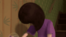 a cartoon character with a purple shirt and long hair