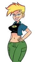 a cartoon drawing of a woman wearing a black shirt with a yellow circle on it