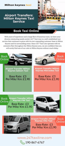 a flyer for milton keynes taxi shows a variety of taxis