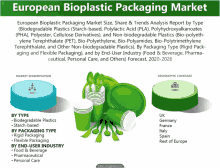 an advertisement for european bioplastic packaging market shows a stack of paper cups and spoons