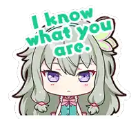 a sticker of a girl with long hair and purple eyes says i know what you are .