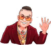 a pixel art illustration of a man wearing sunglasses and a red jacket waving .