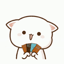 a cartoon cat is holding a bunch of cards in its hands .