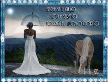 a woman in a wedding dress holding an umbrella stands in the rain with a horse in the background