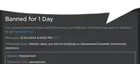 a black screen with a white speech bubble and the words banned for 1 day