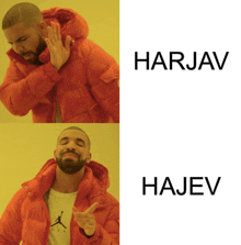 a man in a red jacket is making a funny face next to a picture of a man with the name harjav