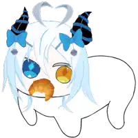 a drawing of a girl with horns and a heart on her head eating a croissant