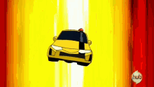 a yellow taxi cab is flying through the air with a red light on top .