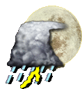 a cartoon illustration of a cloud with rain and a full moon behind it