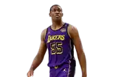 a man in a purple lakers jersey is walking