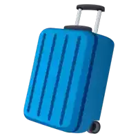 a blue suitcase with wheels and a black handle