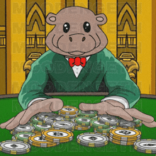 a cartoon of a hippo playing poker with a pile of chips