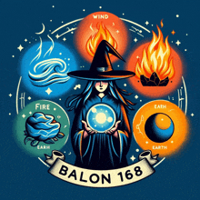 a woman in a witch hat is surrounded by the four elements of the earth fire wind and water