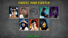 a video game choose your fighter screen with a free play button