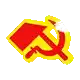 a red hammer and sickle on a yellow background with a red arrow pointing up .