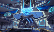 a futuristic building with a blue omega symbol on the top