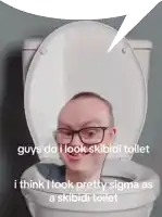 a man with glasses sits in a toilet with the words guys do i look skibidi toilet