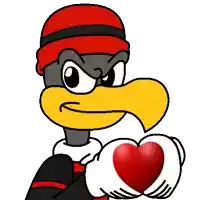 a cartoon character is holding a red heart in its hands