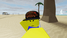 a yellow roblox character wearing a black hat is standing on a beach