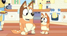 two cartoon dogs are standing in a kitchen talking to each other .