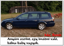 a blue car is parked in a field with a caption that says anyam szert egy imadni valo baina-baby vagyok