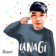 a drawing of a young man wearing a sweater that says unagi