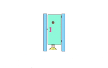 a cartoon of a person standing in front of a door with a pink handle .