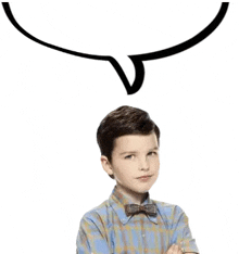 a young boy in a plaid shirt and bow tie is standing with his arms crossed and a speech bubble over his head .