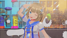 a girl in a blue and white dress with a speech bubble that says " で ス ね " on it