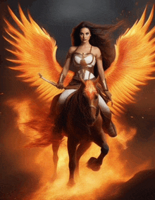 a woman with wings is riding a horse with flames behind her