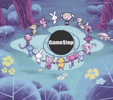 a group of cartoon characters are holding hands in a circle with a game stop logo in the middle