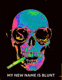 a colorful skull wearing sunglasses and smoking a cigarette with the words my new name is blunt below it