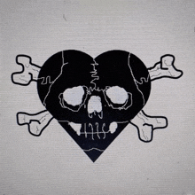 a black and white drawing of a heart with a skull and crossbones on a white background .