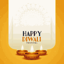 a happy diwali festival card with three lit candles on a yellow background