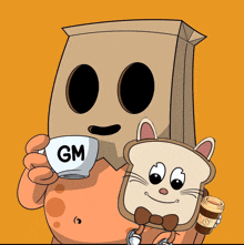 a cartoon character with a paper bag on his head drinking a cup of gm coffee